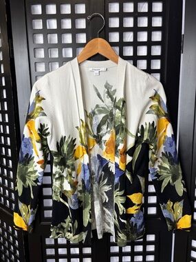 🤍 Chico’s Cream Floral Cardigan Womens Size 0 Open Front Lightweight 🤍